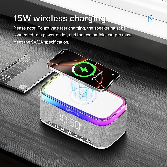 S300 10W Stereo Bluetooth Speaker with 15W Fast Wireless Charging, 13-Color Night Light, Alarm, White Noise, FM Radio, Portable, TWS, BT5.3, for PC, Smartphone, Home, Office & Bedroom (White)