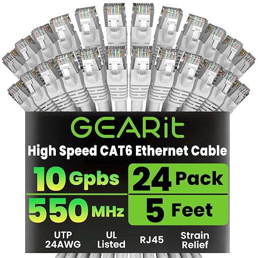 GEARit Cat6 Patch Cables Cat 6 Ethernet Cable 5 ft 24-Pack White