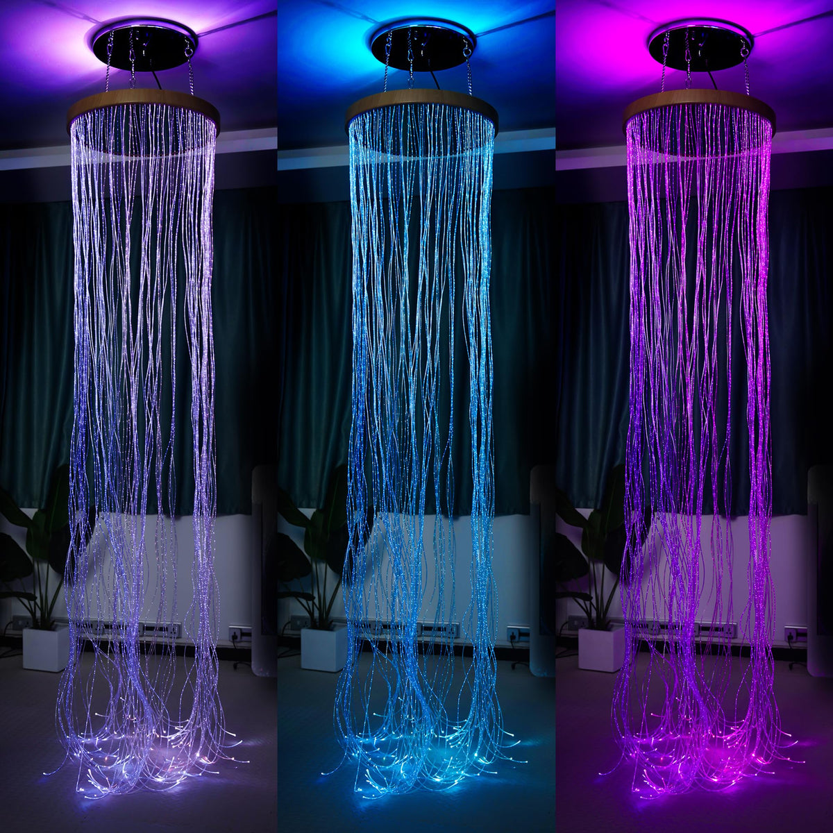 Round Fiber Optic Curtain Rings with Wooden Base, Multi-Color Changing Waterfall Lamp Perfect for Home Decor, School, Clinic and Dark Sensory Room - Ideal for Kids