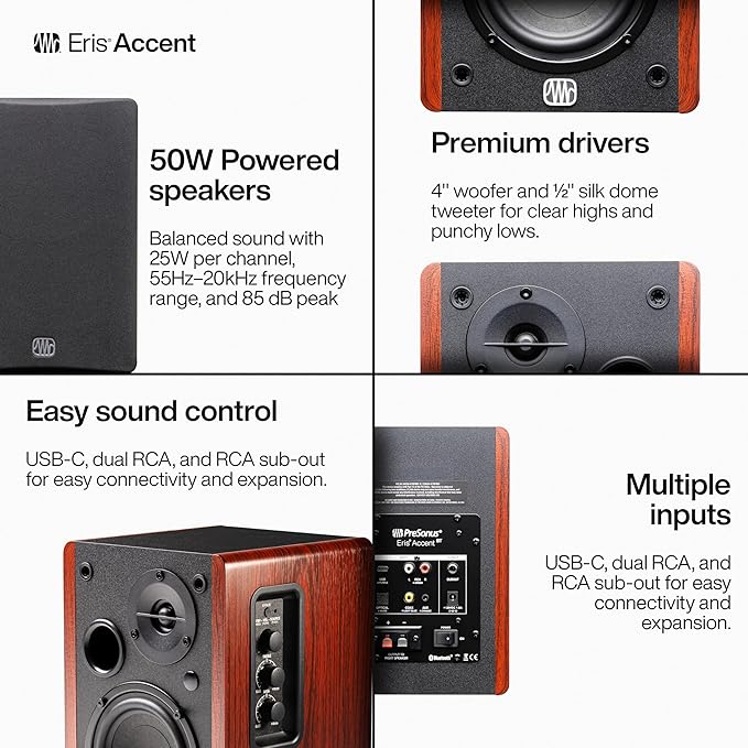 PreSonus Eris Accent Powered Bookshelf Speakers – 50W Wired Stereo Speakers for Record Player, Turntable, Desk & Home, Multiple Inputs, 4” Woofer, Studio Monitors, Tweeter, Remote, Sub Out, Wood Grain