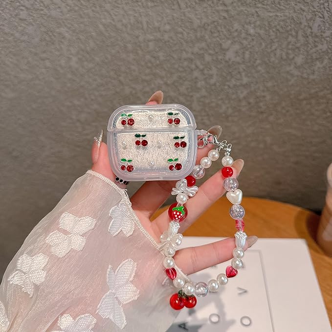 JANDM 3D Cherry Case with Keychain for AirPods 3, Clear Diamonds Aesthetic Shockproof Cover with Cute Pearl Strap for Women Girls Protective Cover