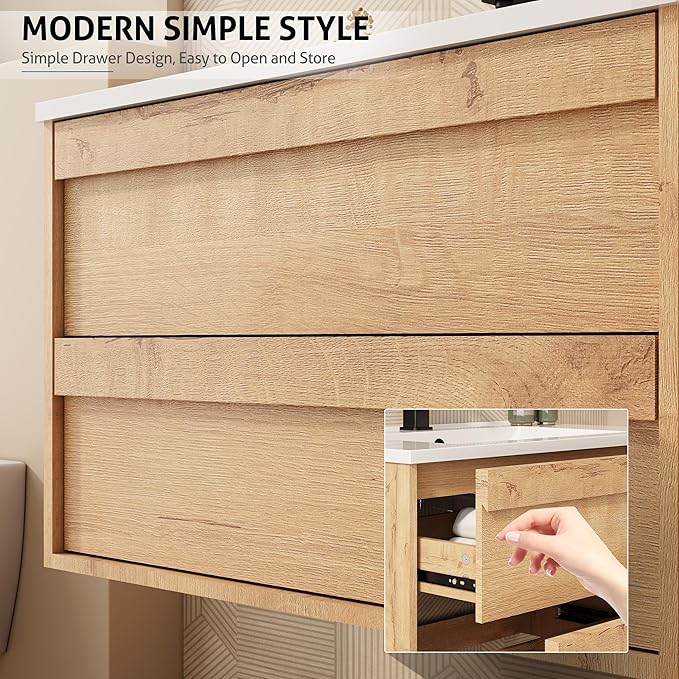 eclife 30" Floating Bathroom Vanity Sink Combo, Wall Mounted Modern Minimalist Storage Cabinet with 2 Drawers, Include Sink, Faucet & Drain, Natural