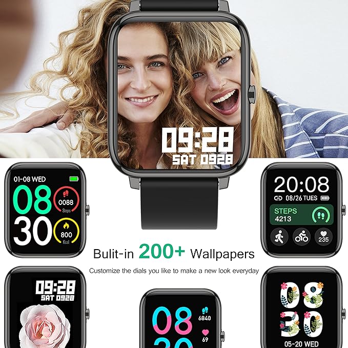 Popglory Smart Watch, Smartwatch with Blood Pressure, Blood Oxygen Monitor, Fitness Tracker with Heart Rate Monitor, Full Touch Fitness Watch for Android & iOS for Men Women (Black)