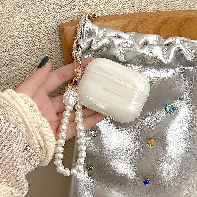 Cute Case for Airpods Pro 3 (2025), Bling Shell Pattern Soft TPU Protective Cover with Luxury Pearl Shell Keychain for Apple Airpods Pro 3 Charging Case, Colorful White