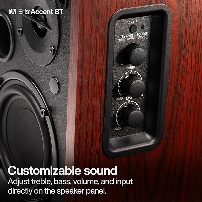 PreSonus Eris Accent BT 60W Powered Bookshelf Bluetooth Speakers – Studio Monitors for Turntable, Home, 4" Woofer, Silk Tweeter, USB-C, Optical, RCA, Coax, Remote, Sub Out, Wired Option, Wood Grain