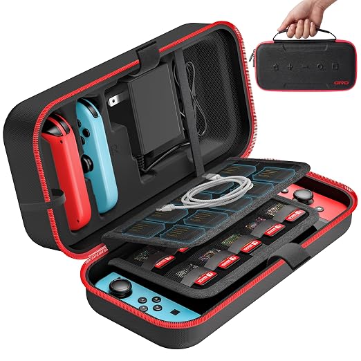 Switch Carrying Case Compatible with Nintendo & OLED, Portable Switch Travel Carry Case Fit for Joy-Con and Adapter, Hard Shell Protective OLED Pouch Bag with 20 Games, Red For N DS Cases & Storage