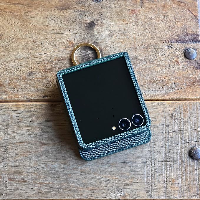 [BeYourSanta] Galaxy Z Flip 7 Case with Ring - Avant-Garde Handmade Saffiano Vegan Leather Case, Anti-Scratch Hinge Protection, Made in Korea (3 Pockets, Deep Green)