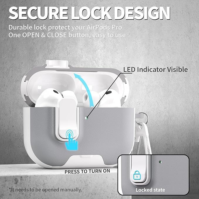 for AirPods Pro 3 Case with Lock,TPU Leather Texture Durability Anti-Lost & Shockproof Protective Cover Accessories with Cleaning Kit in Keychain for Apple AirPod Pro 3 Generation 2025(White/Grey)