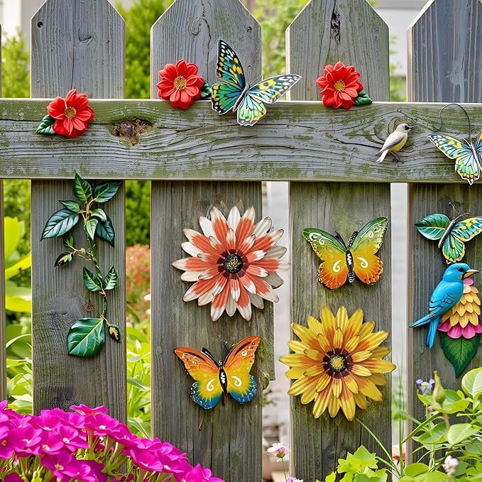 Meduofon Metal Flowers Outdoor Wall Decor, 4 Pack Metal Flower & Butterfly Wall Art Decor Outdoor or Indoor, Wall Sculptures for Deck Decor, Garden Fence, Yard, Patio, Porch, Bedroom, Living Room