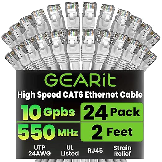 GEARit Cat 6 Ethernet Cable (24-Pack 2 Feet) Cat6 Network Patch, 10Gbps, RJ45, Snagless Cord, Gold-Plated Connectors, Internet for PC, TV, Tablet, Router, Printer, Servers, IT Data Center - White