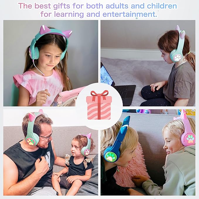 Riwbox CF9 Cat Ear Kids Bluetooth Headphones with LED Light Up,Safe 85dB Volume Limit,Built-in Mic&Boom Mic for Calls,Kids Wireless&Wired Headphones for Tablet/Airplane/School/Online Learning (Purple)