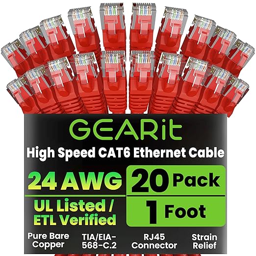 GEARit Cat 6 Ethernet Cable (20-Pack 1 Foot) Cat6 Network Patch, 10Gbps, RJ45, Snagless Cord, Gold-Plated Connectors, Internet for PC, TV, Tablet, Router, Printer, Servers, IT Data Center - Red