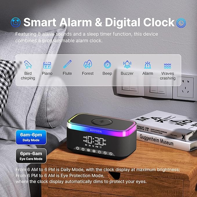 S300 10W Stereo Bluetooth Speaker with 15W Fast Wireless Charging, 13-Color Night Light, Alarm, White Noise, FM Radio, Portable, TWS, BT5.3, for PC, Smartphone, Home, Office & Bedroom (Black)