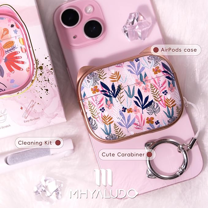 for AirPods Pro 2 Case with Cleaning Kit, Cute Cat Ear Print Design & Cute Buckle for Girls, Phone Holder & Top Safe Lock Buckle Design for AirPods Pro 2nd/1st Gen case, Rose Gold Leaves