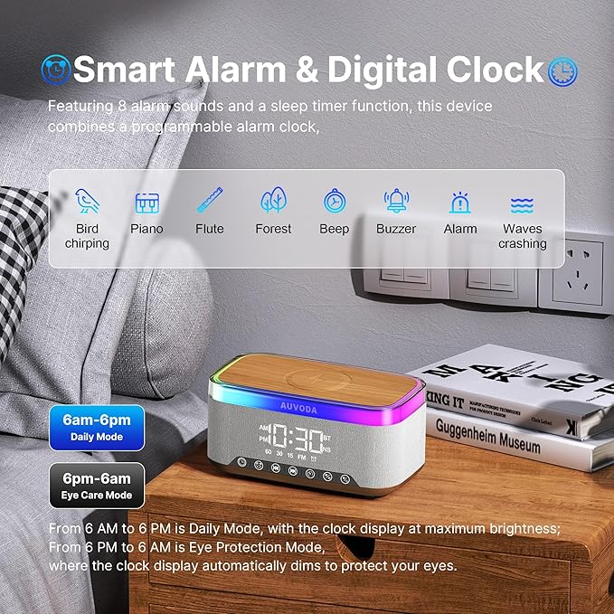 S300 16W Stereo Bluetooth Speaker with 15W Fast Wireless Charging, 13-Color Night Light, Alarm, White Noise, FM Radio, Portable, TWS, BT5.3, for PC, Smartphone, Home, Office & Bedroom (Wood)