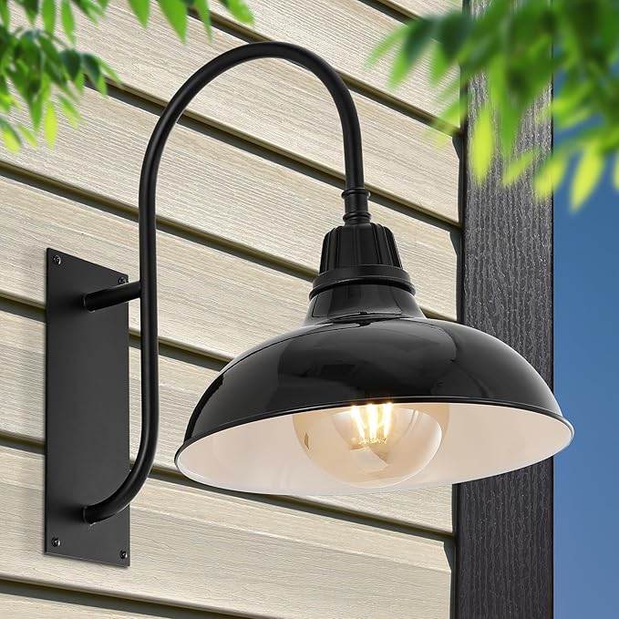 JONATHAN Y JYL7614B Stanley 12.25" 1-Light Farmhouse Industrial Indoor/Outdoor Iron LED Gooseneck Arm Outdoor Sconce Metal Bowl Shade Vintage Cottage Rustic Porch Patio Yard Barn, Black