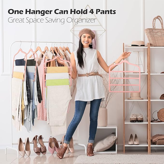 Velvet Pants Clothes Hanger Space Saving Non Slip Pants Shorts Hanger, Myfolrena Jeans Slack Trousers Hangers Multiple Velvet Hanger Closet Storage and Organization for Jeans,Scarf,Tie(Pink, 3)