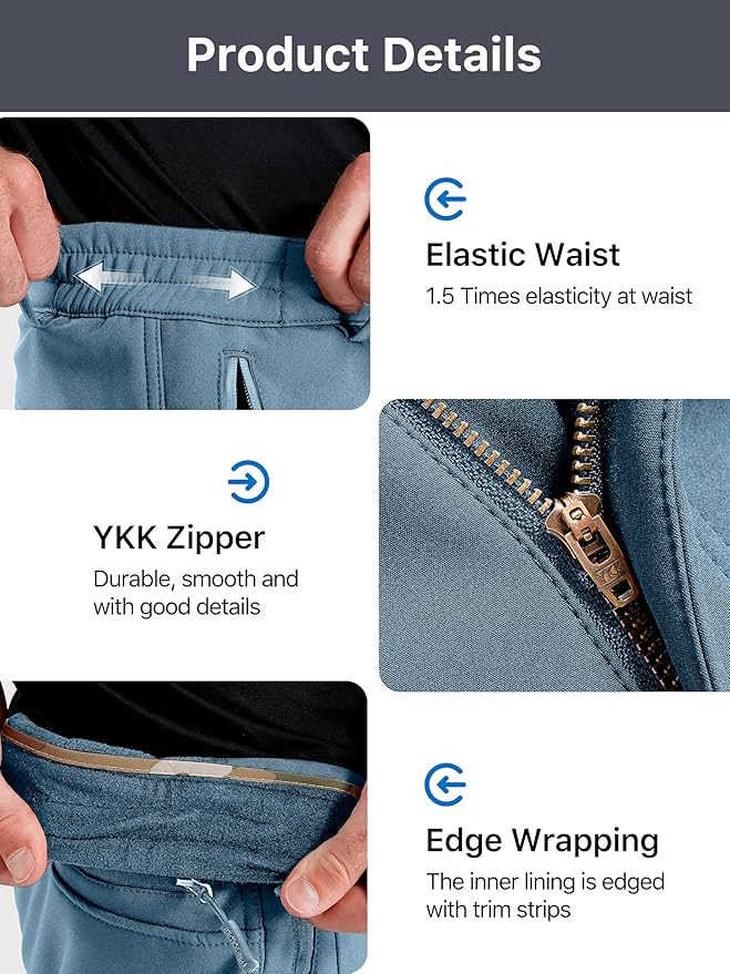 FREE SOLDIER Men's Fleece Lined Outdoor Cargo Hiking Pants Water Repellent Softshell Snow Ski Pants with Zipper Pockets