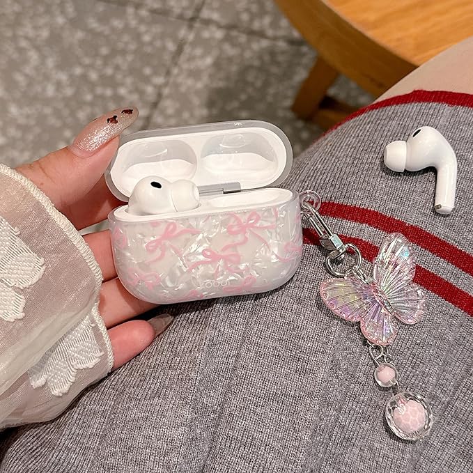 for AirPod Pro 3 Case 2025 Cute Bow Shell Pearl TPU Protective Cover with Butterfly Keychain Compatible with AirPods Pro 3rd Generation Case for Women Girls (Pink Bow)