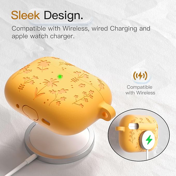 for AirPods Pro 3 Case (2025) DamonLight Floral Engraved Shockproof Protective Soft Silicone Case Cover with Cleaning Pen and Floral Keychain for Apple Airpods Pro 3rd Generation (Orange)