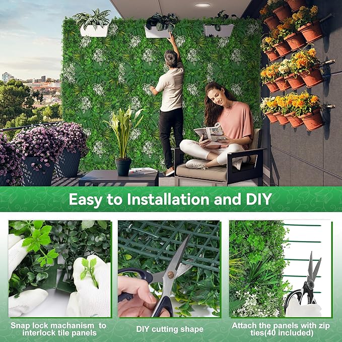 20"x20" Grass Wall Panels, 12PCS Artificial Greenery Backdrop Wall with UV Resistant Leaves, Faux Green Wall Decor for Outdoor Indoor Patio Garden Backyard