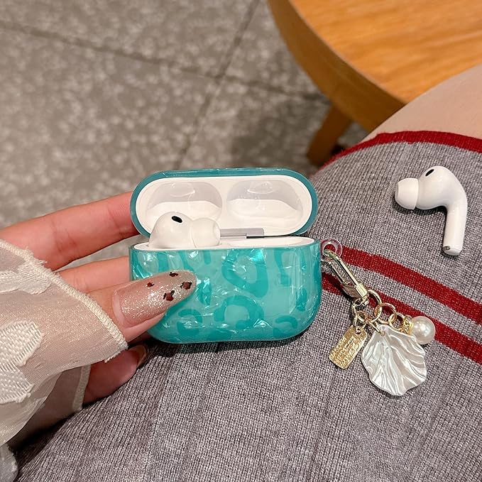 for Airpod Pro 3 Case 2025 Cute Luxury Leopard Hard TPU Protective Cover with Shell Pearl Keychain Compatible with AirPods Pro 3rd Generation for Girls Women (Turquoise Blue)