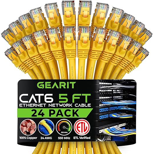 GEARit Cat 6 Ethernet Cable (24-Pack 5 Feet) Cat6 Network Patch, 10Gbps, RJ45, Snagless Cord, Gold-Plated Connectors, Internet for PC, TV, Tablet, Router, Printer, Servers, IT Data Center - Yellow