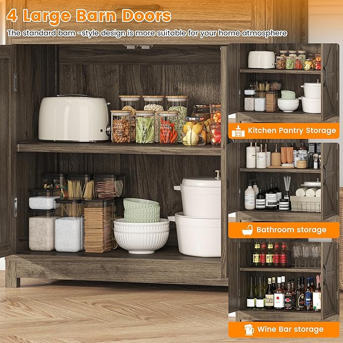 Semoic 69.3" Tall Kitchen Pantry Cabinet, Farmhouse Large Storage Cabinet with 2 Barn Doors, 1 Drawer and Storage Shelves, Buffet Cupboard Kitchen Hutch with Wide Countertop and Charge Holes, Brown