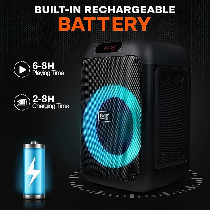 Pyle Party Speaker - 100W Bluetooth PA Karaoke Speaker with 8" Woofer, Features Echo, Bass & Treble Control, USB/SD/BT/FM Radio, MIC in, LED Lights, for Events, Home & DJ Use