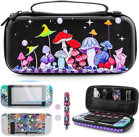 RHOTALL Colorful Mushrooms Carrying Case for Nintendo Switch,8 in 1 Accessories Kit Set Travel Carry Case with Cute Hard Shell Protective Cover,Screen protector, Strap,2 Thumb Caps