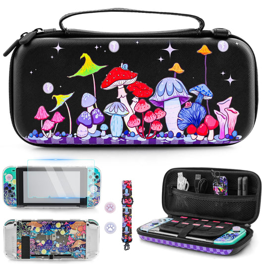 RHOTALL Colorful Mushrooms Carrying Case for Nintendo Switch,8 in 1 Accessories Kit Set Travel Carry Case with Cute Hard Shell Protective Cover,Screen protector, Strap,2 Thumb Caps