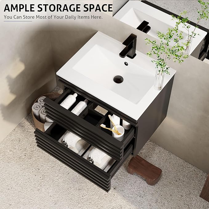 eclife 24" Floating Bathroom Vanity with Sink Combo Mid-Century Wall Mounted Cabinet with Wood Stripes Decor, Drawers, Undermount Sink, Faucet, Drain, Black