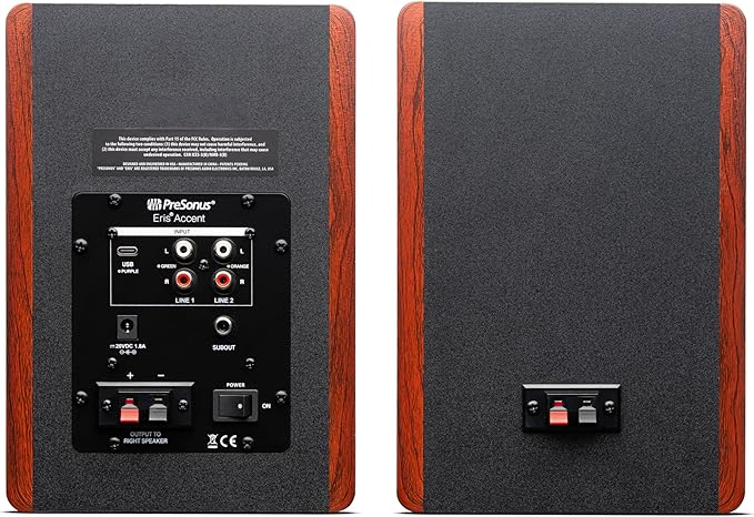 PreSonus Eris Accent Powered Bookshelf Speakers – 50W Wired Stereo Speakers for Record Player, Turntable, Desk & Home, Multiple Inputs, 4” Woofer, Studio Monitors, Tweeter, Remote, Sub Out, Wood Grain
