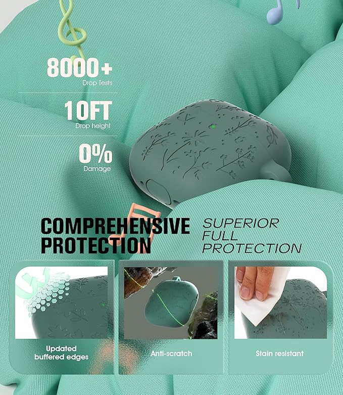 Seltureone Compatible with AirPods 4 Case Cute with Cherry Blossom Keychain and Cleaning Kit, Soft Silicone Shockproof Flower Engraved Cover Compatible with AirPod 4 Case Cover - Pine Green