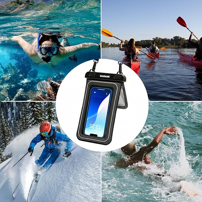 NANUK Waterproof Phone Pouch – IP68 Floating Underwater Dry Bag for Snorkeling & Beach – Touchscreen Case with Adjustable Crossbody Strap, Dual Pockets – Fits All Smartphones (9.45" x 5.43") – Black