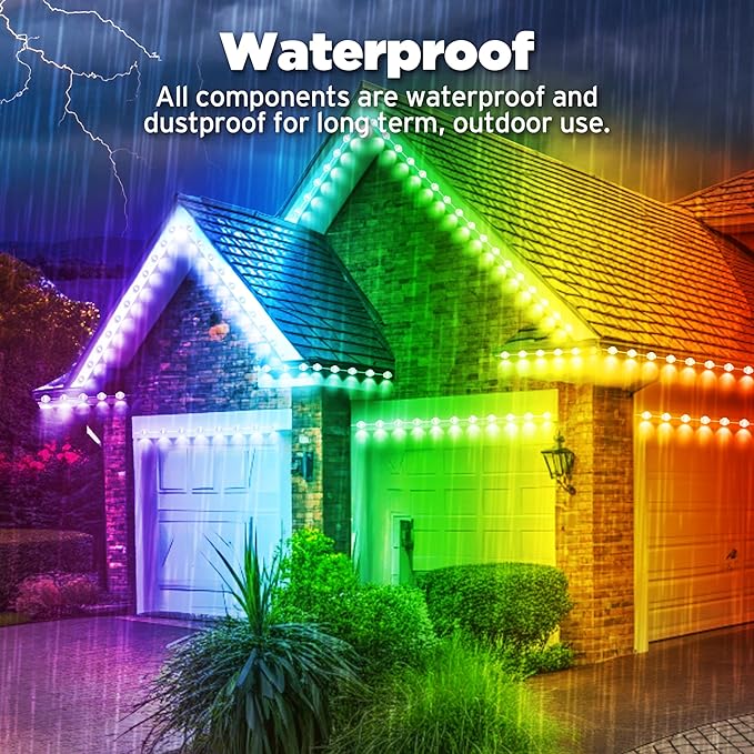 100FT Smart RGB Outdoor Lights - IP67 Waterproof LED Strip Lights with App/Remote Control, for Holiday Decor, Garden, Patio & Home Accent Lighting (Permanent Installation)