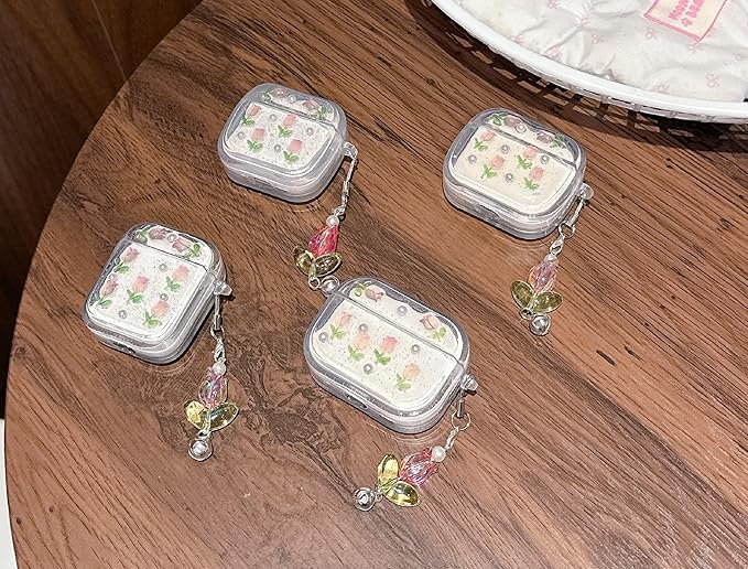 JANDM 3D Tulip for AirPods Pro/AirPods Pro 2 Case with Keychain, Clear Glitter Pink Floral Design, Shockproof Protective Cover for Women Girls with Flower Charm Strap