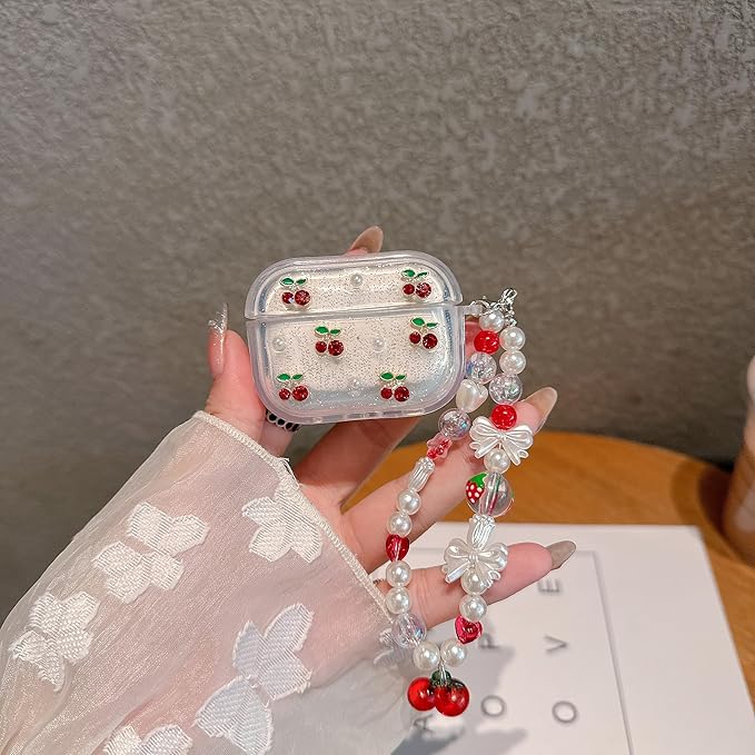 JANDM 3D Cherry Case with Keychain for AirPods Pro 3,Clear Diamonds Aesthetic Shockproof Cover with Cute Pearl Strap for Women Girls Protective Cover