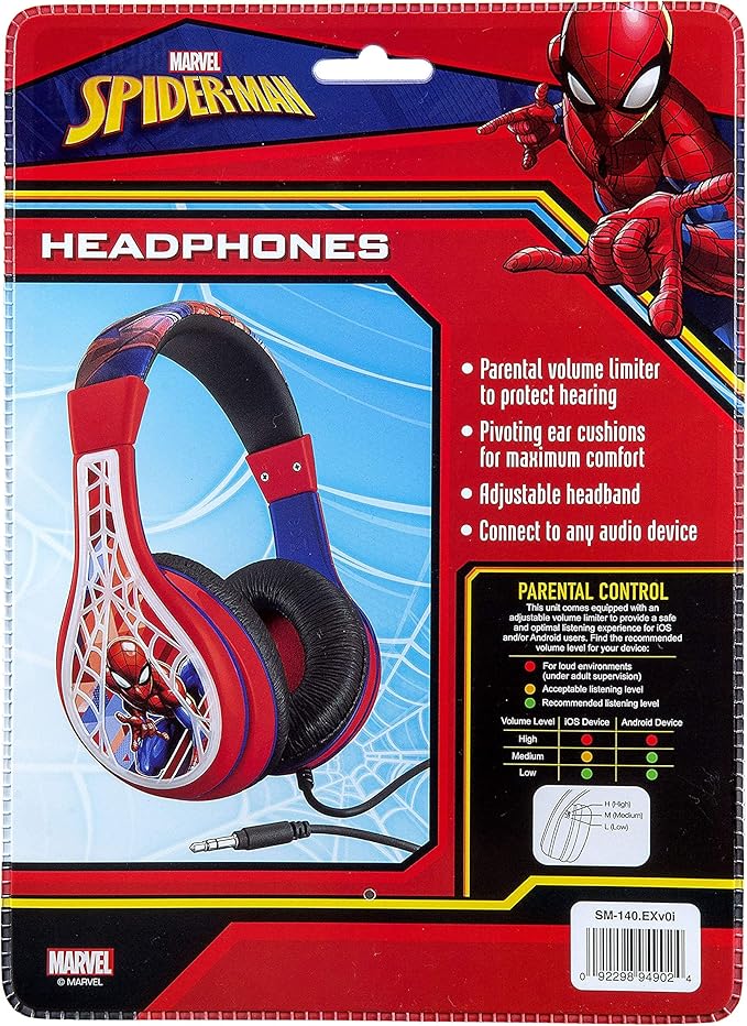 eKids Spiderman Kids Headphones, Adjustable Headband, Stereo Sound, 3.5Mm Jack, Wired Headphones for Kids, Earphones for School, Home or Travel