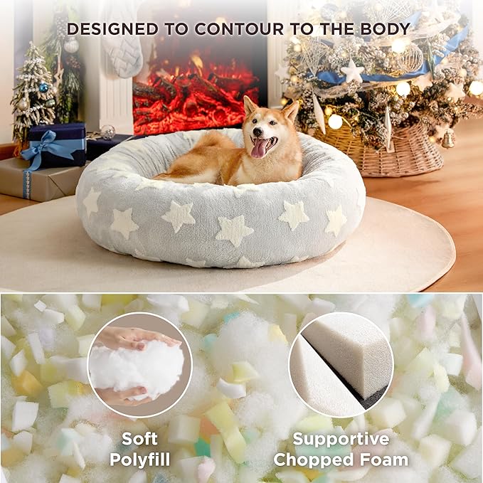 LE SURE Donut Large Dog Bed - Round Cat Beds for Indoor Cats Anti-Anxiety Calming Pet Beds, Washable Cute Modern Beds with Jacquard Shaggy Plush & Anti Slip Bottom, 36 Inch, Galaxy Grey