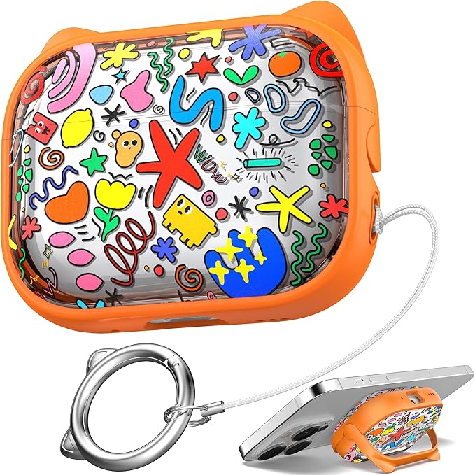 for AirPods Pro 2 Case with Cleaning Kit, Cute Cat Ear Print Design & Cute Buckle for Girls, Phone Holder & Top Safe Lock Buckle Design for AirPods Pro 2nd/1st Gen case, Orange Seaworld