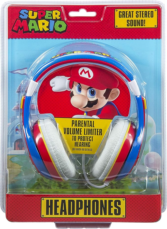 eKids Super Mario Kids Headphones, Adjustable Headband, Stereo Sound, 3.5Mm Jack, Wired Headphones for Kids, Tangle-Free, Volume Control, Childrens Headphones Over Ear for School Home, Travel
