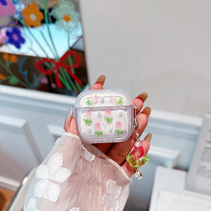 JANDM 3D Tulip for AirPods 4 Case with Keychain, Clear Glitter Pink Floral Design, Shockproof Protective Cover for Women Girls with Flower Charm Strap