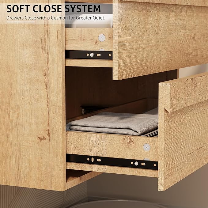 eclife 24" Floating Bathroom Vanity Sink Combo, Wall Mounted Modern Minimalist Storage Cabinet with 2 Drawers, Include Sink, Faucet & Drain, Natural