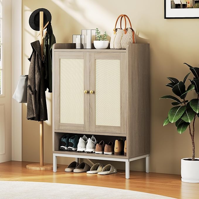 JASIWAY Rattan Shoe Cabinet Storage for Entryway, Shoe Cabinet with Adjustable Shelves for Entryway, 5-Tier, 20 Pair Shoe Rack Storage for Hallway, Closet, Living Room, Natural