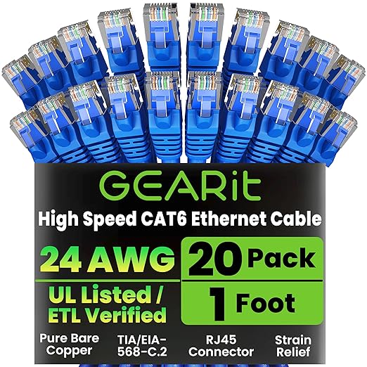 GEARit Cat 6 Ethernet Cable Pack - 20-Pack 1 ft Cat6 Ethernet Patch Cables | RJ45 Network Patch Cable, 10 Gbps Snagless Gold-Plated Connectors - Ethernet Cable Cat 6 for PC, TV, Router - Blue