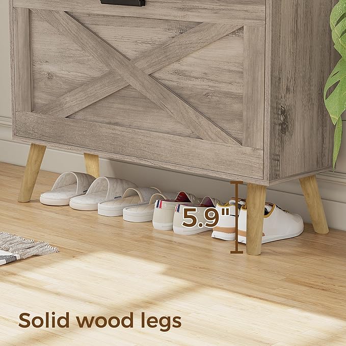 32" W Farmhouse Shoe Storage Cabinet with 2 Flip Drawers and Barn Door Design, Adjustable Shelves, Modern Hidden Slim Narrow Shoe Rack Cabinet for Entryway, Foyer, Hallway, Living Room,Greige
