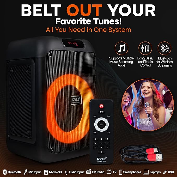 Pyle Party Speaker - 100W Bluetooth PA Karaoke Speaker with 8" Woofer, Features Echo, Bass & Treble Control, USB/SD/BT/FM Radio, MIC in, LED Lights, for Events, Home & DJ Use