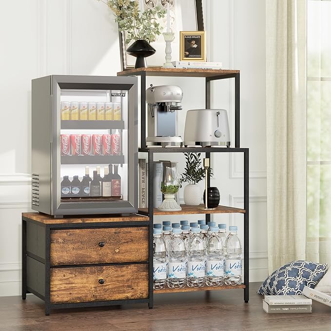 Mini Fridge Stand with Storage, Microwave and Mini Fridge Stand with Power Outlet, Coffee Bar, Kitchen Baker, for Dorm, Office(Brown)