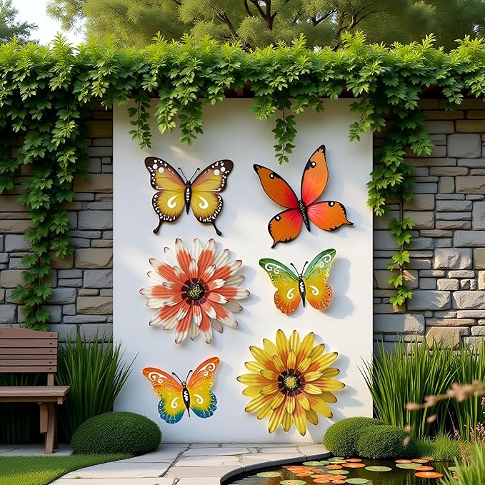 Meduofon Metal Flowers Outdoor Wall Decor, 4 Pack Metal Flower & Butterfly Wall Art Decor Outdoor or Indoor, Wall Sculptures for Deck Decor, Garden Fence, Yard, Patio, Porch, Bedroom, Living Room